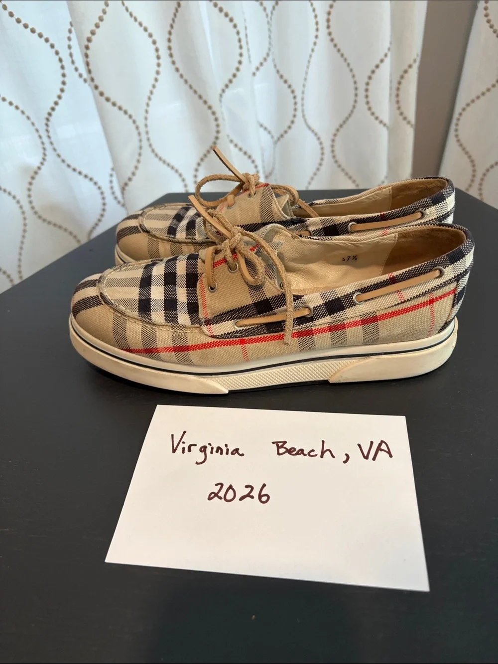 Burberry Beige/Navy/Tan Plaid Boat Shoes